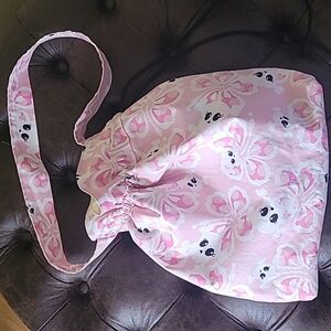 Handmade Drawstring Tote Bag Skulls and Flowers Pink